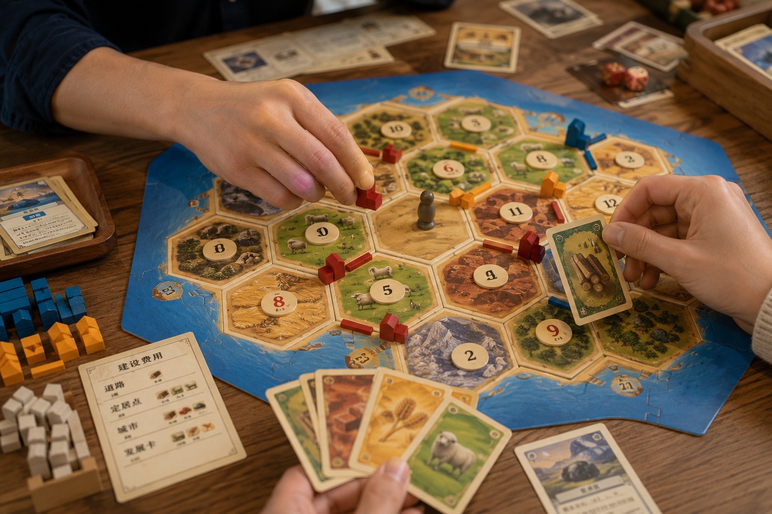 Close-up of hands playing a strategy board game, showing wooden resource tokens and cards on a table, symbolizing business decision-making and resource management.