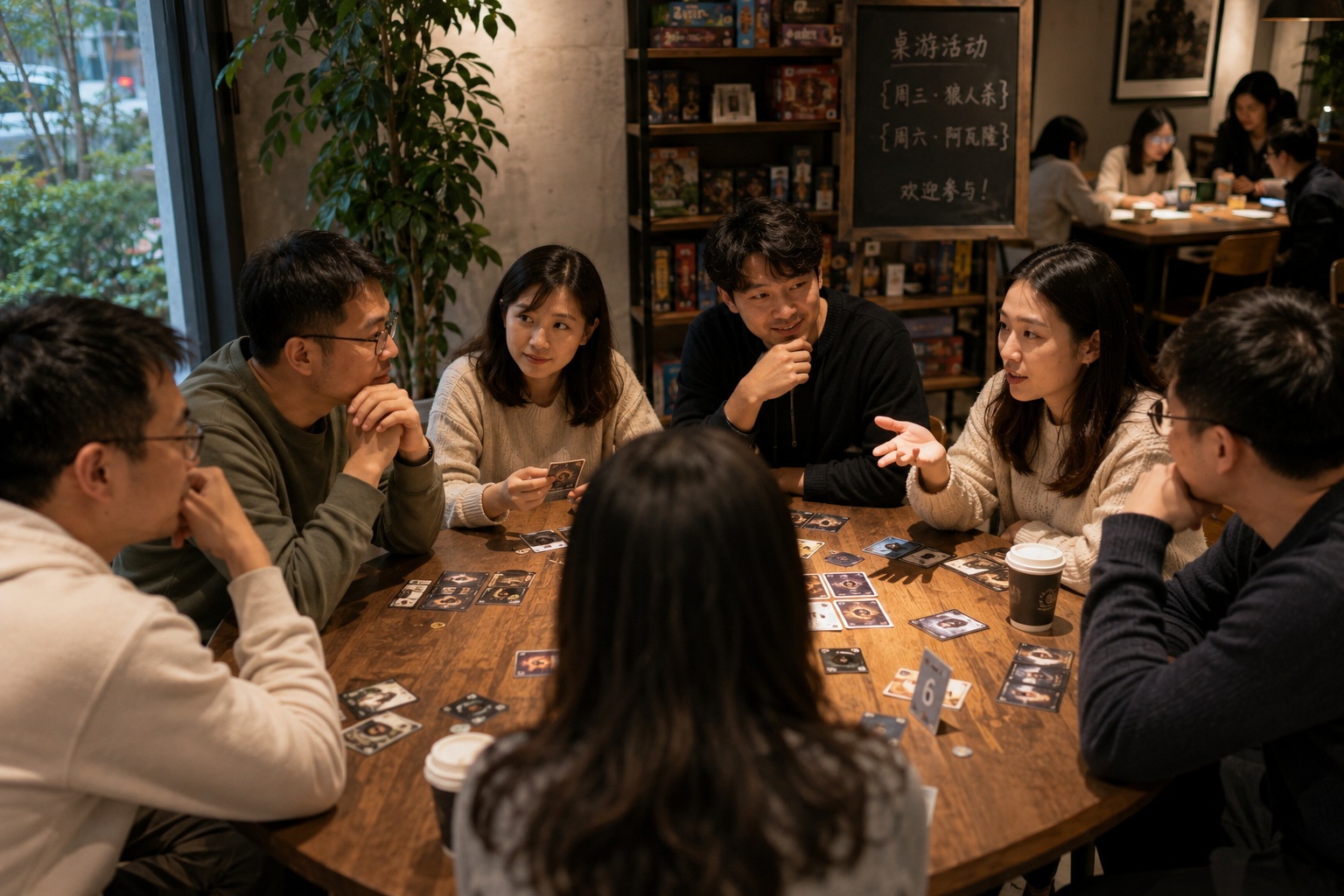 Group of young professionals playing a social deduction card game, demonstrating trust-building and psychological testing in a casual business setting.