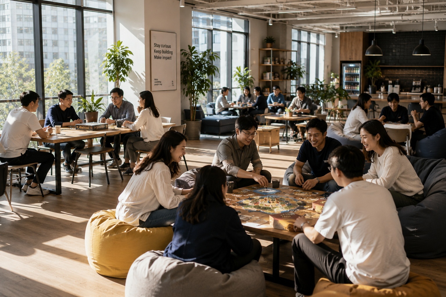 Young executives and junior staff playing board games together in a modern office lounge, illustrating the shift from hierarchy to equality in Chinese corporate culture.