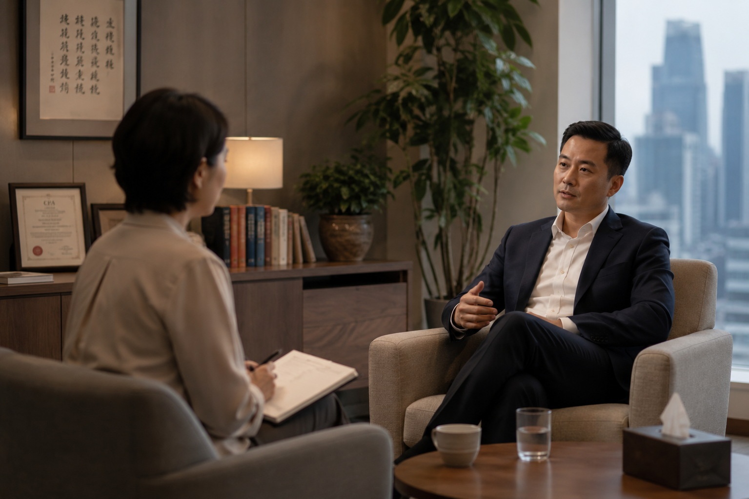 A professional executive attending a private therapy session in a modern, comfortable office in Shanghai, representing the growing trend of corporate mental health support.