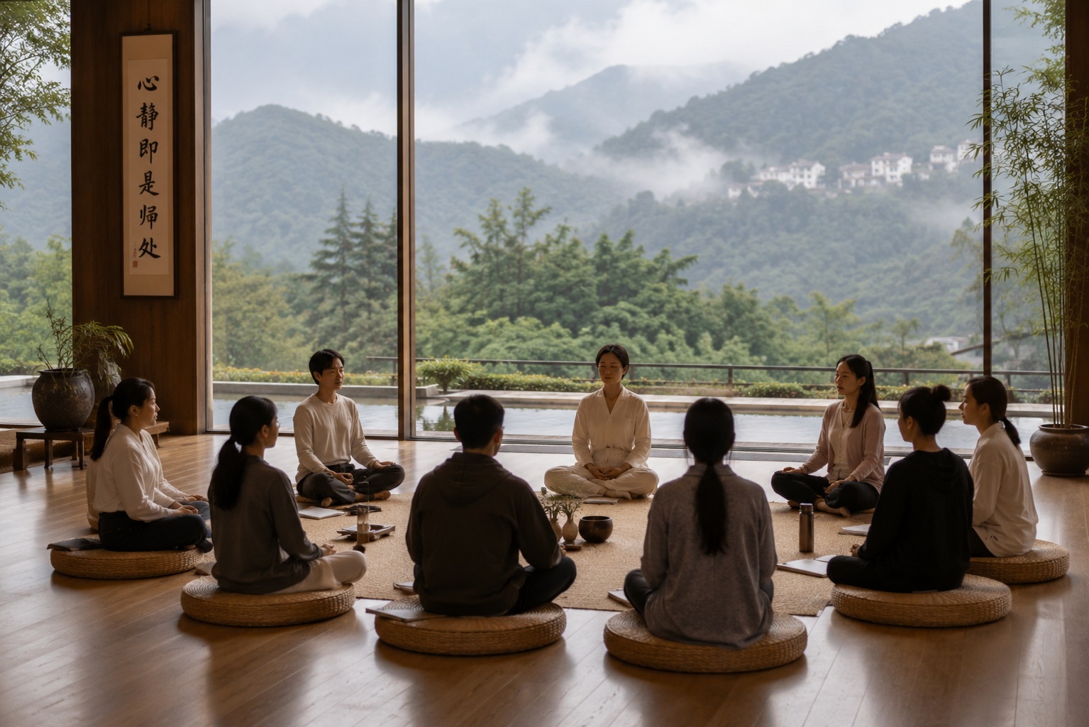 A group of Chinese professionals participating in a mindfulness retreat in a mountain setting, highlighting the shift towards preventive mental health care.