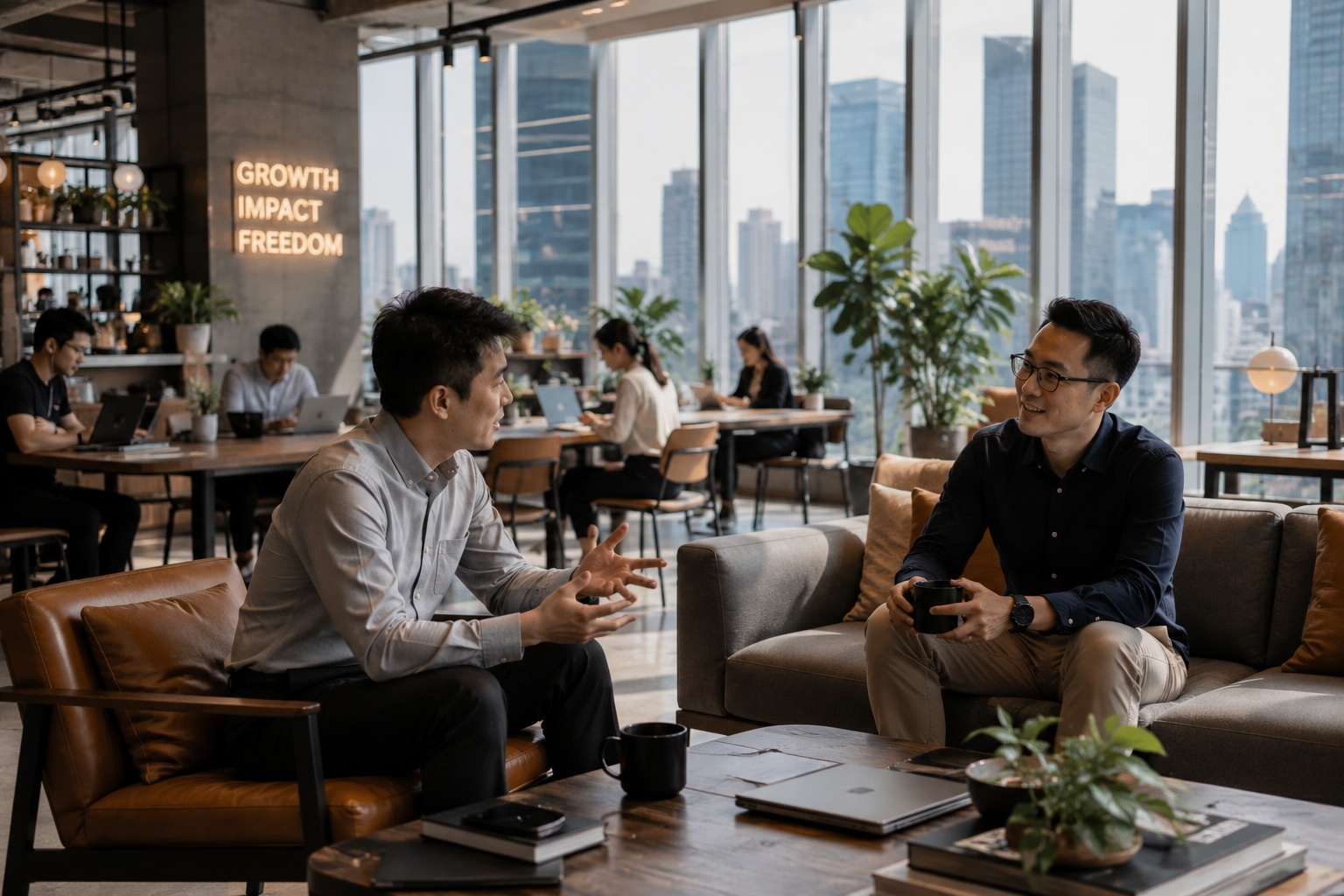 Two Chinese business leaders discussing mental well-being and leadership strategies over coffee in a modern Shenzhen workspace.