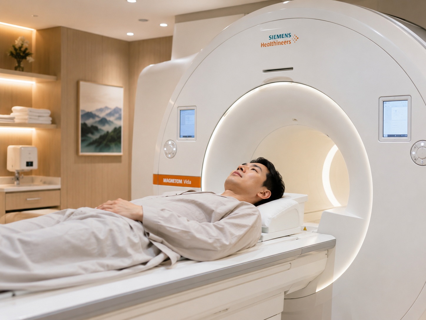A patient undergoing an MRI scan in a modern, comfortable private hospital room in China