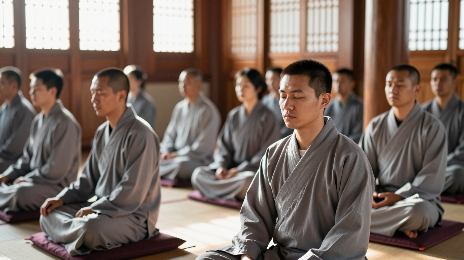Group of entrepreneurs meditating in silence inside a traditional Chinese temple hall