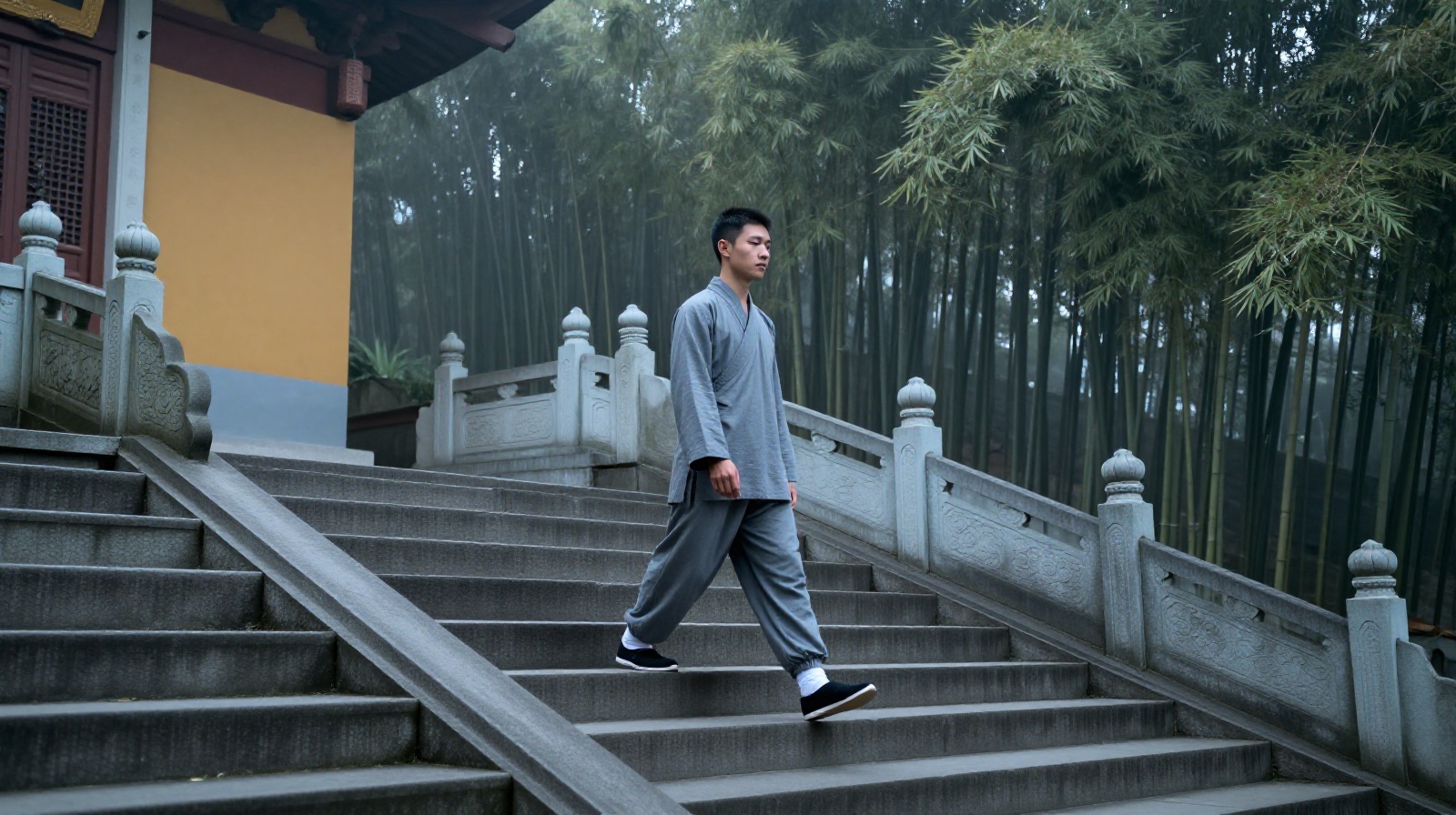 A participant practicing walking meditation on temple steps at dawn