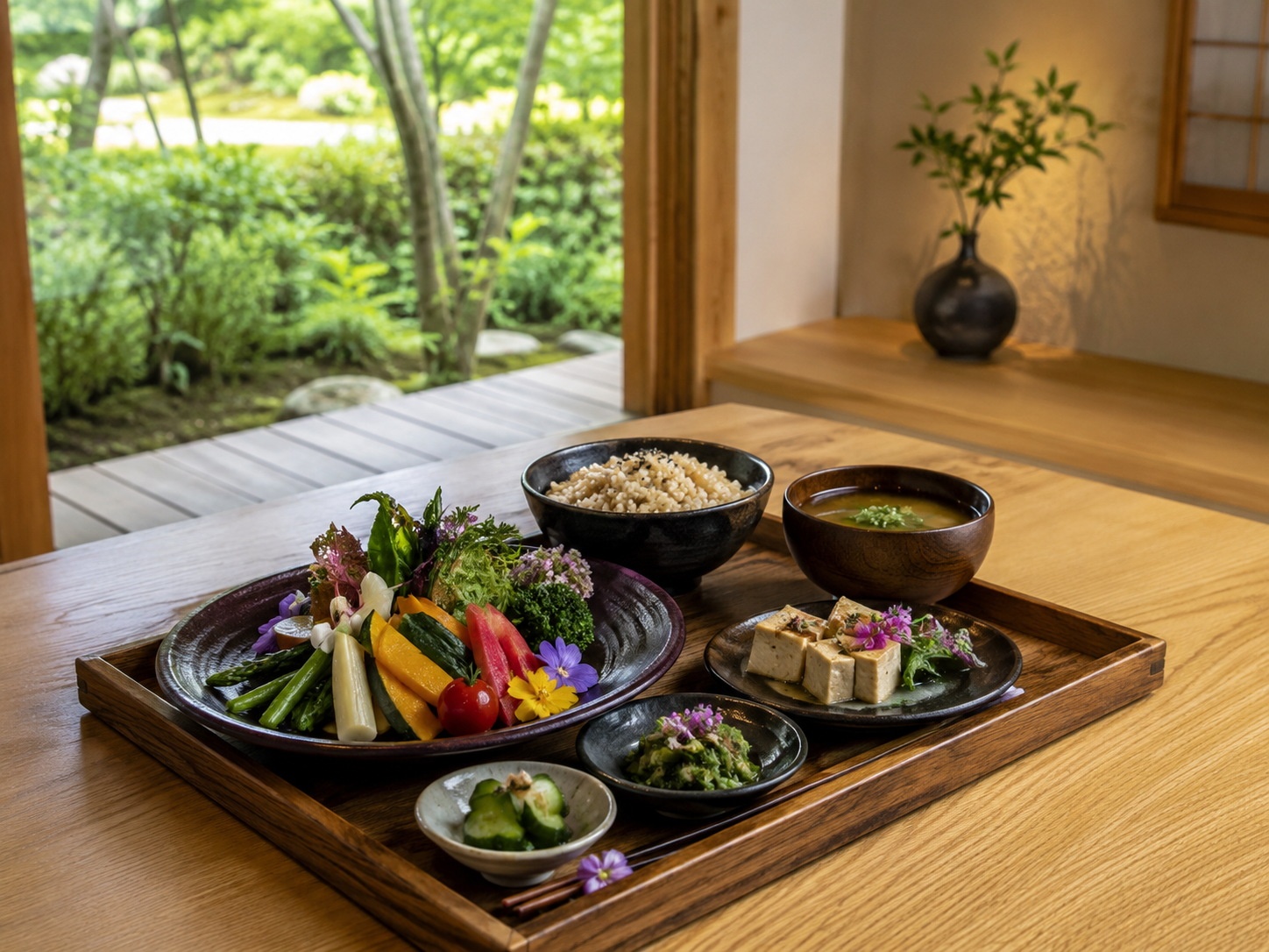 Gourmet organic vegetarian meal served in a luxury temple retreat