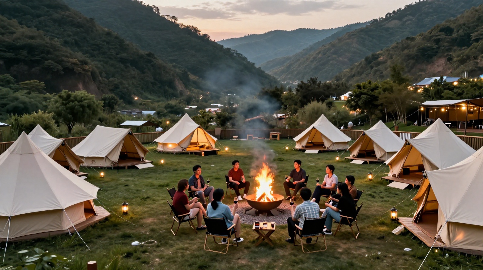 Evening scene at a luxury glamping camp with guests gathered around a fire pit under the stars.