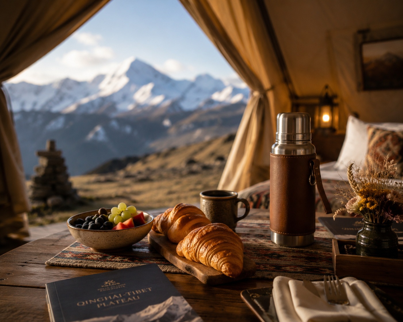 Interior of a luxury glamping tent with breakfast served on a wooden table, overlooking snowy mountains.