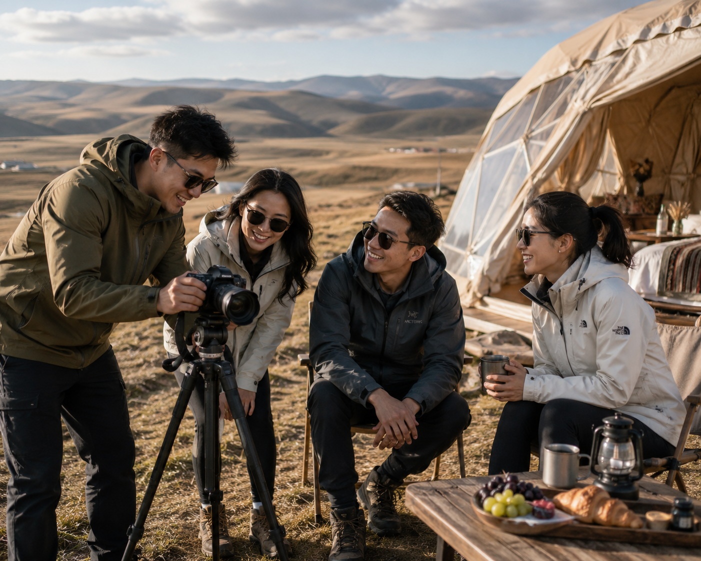 Young tourists taking photos and videos at a luxury camping site in the Chinese countryside.