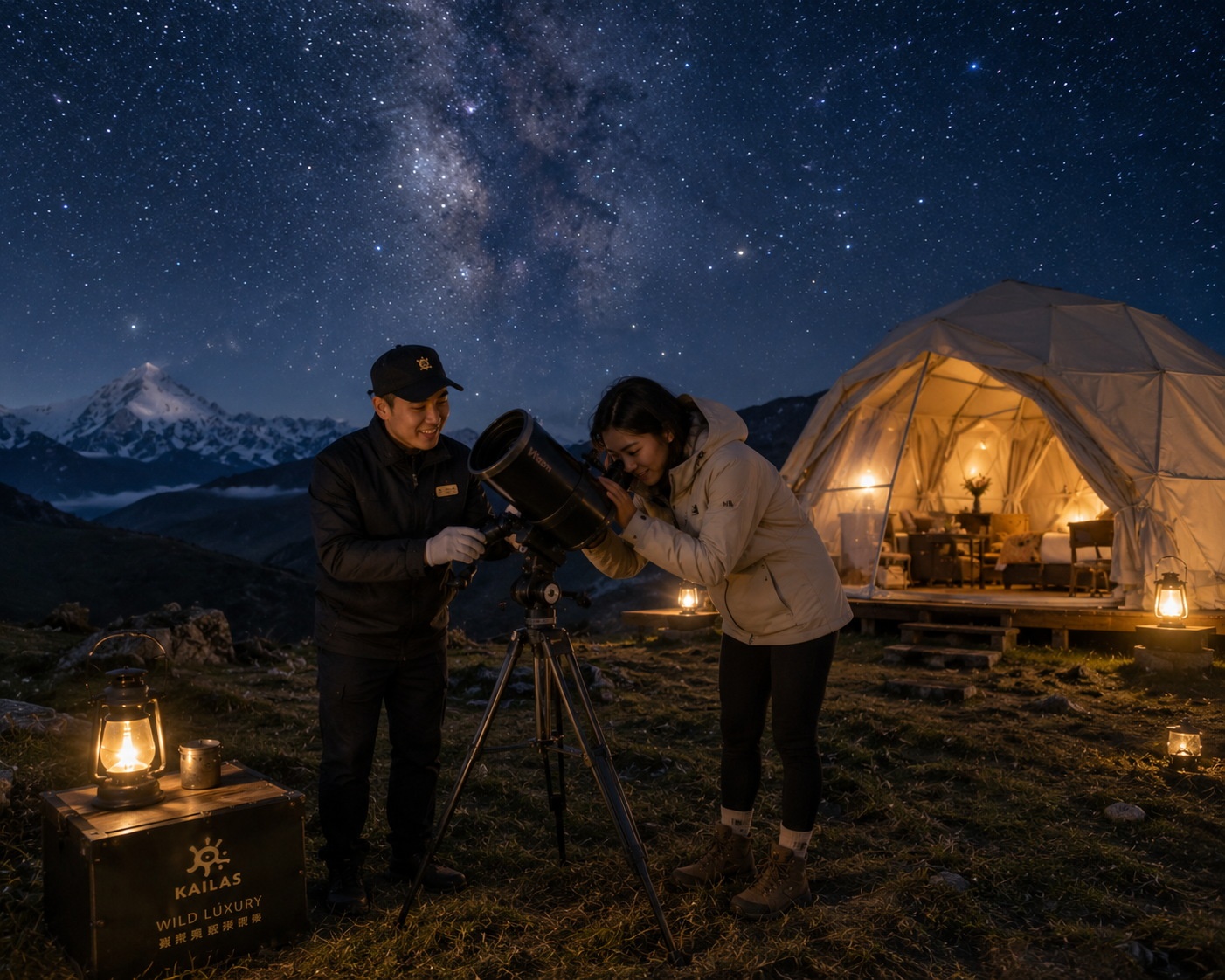 A butler assisting a guest with stargazing equipment in a luxury camping site at night.