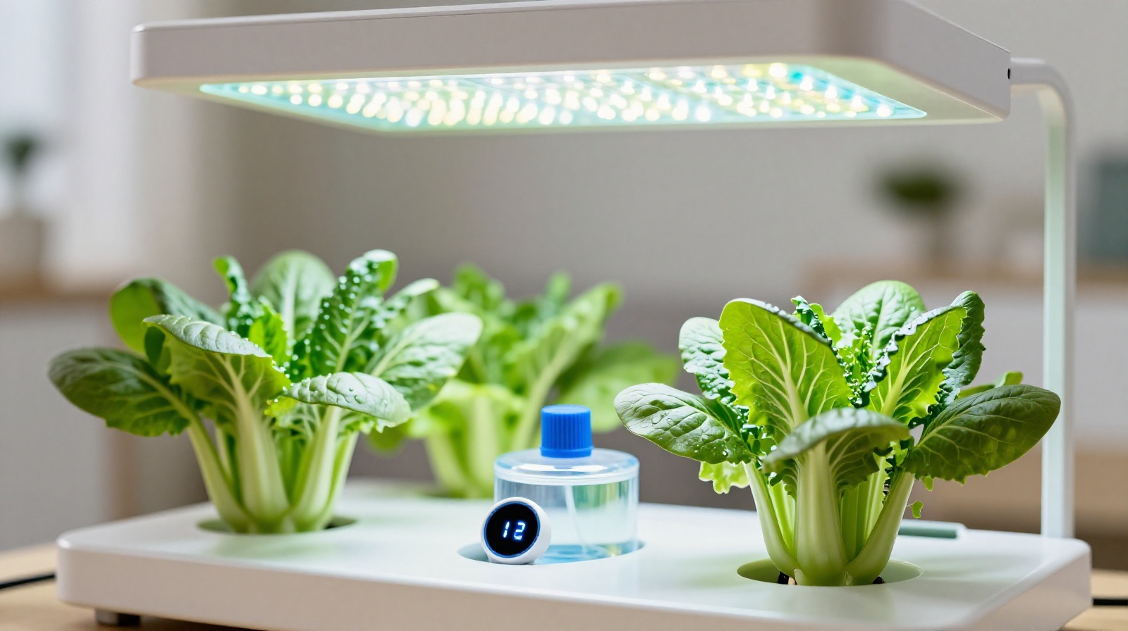 Smart hydroponic gardening system with LED lights and leafy vegetables in a modern apartment setting
