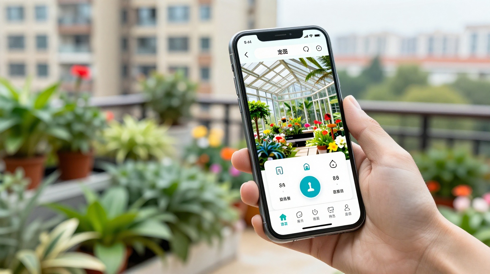 Person using a smartphone app to monitor and control an urban balcony garden