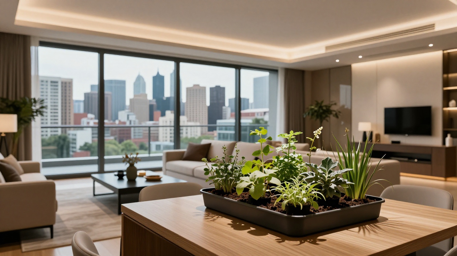 Luxury apartment interior featuring an indoor herb garden with a view of the city skyline