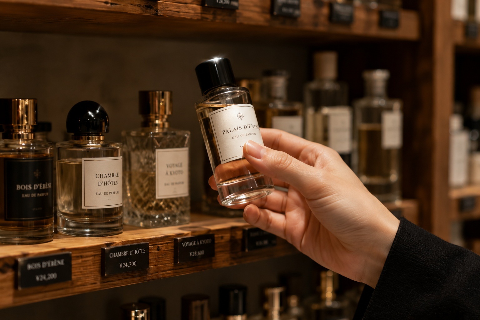 A customer choosing a niche perfume bottle from a boutique shelf in Shanghai, highlighting the unique design of local brands.