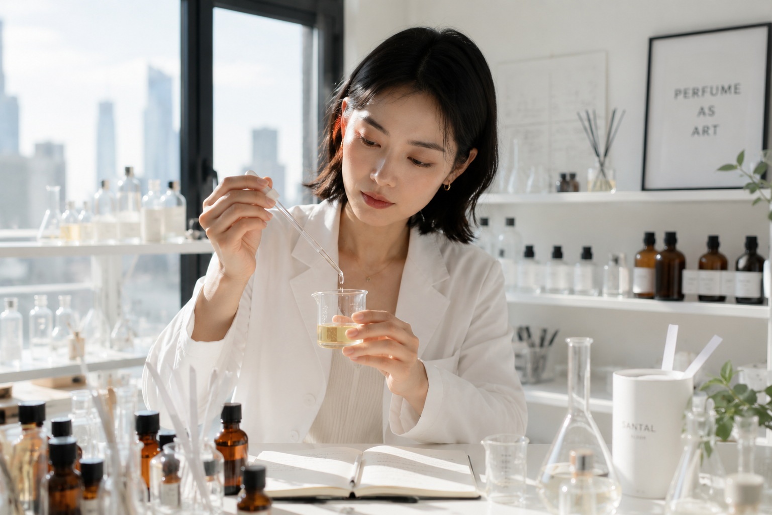 A local perfumer in Shanghai working in a modern studio, blending traditional Eastern ingredients with modern techniques.