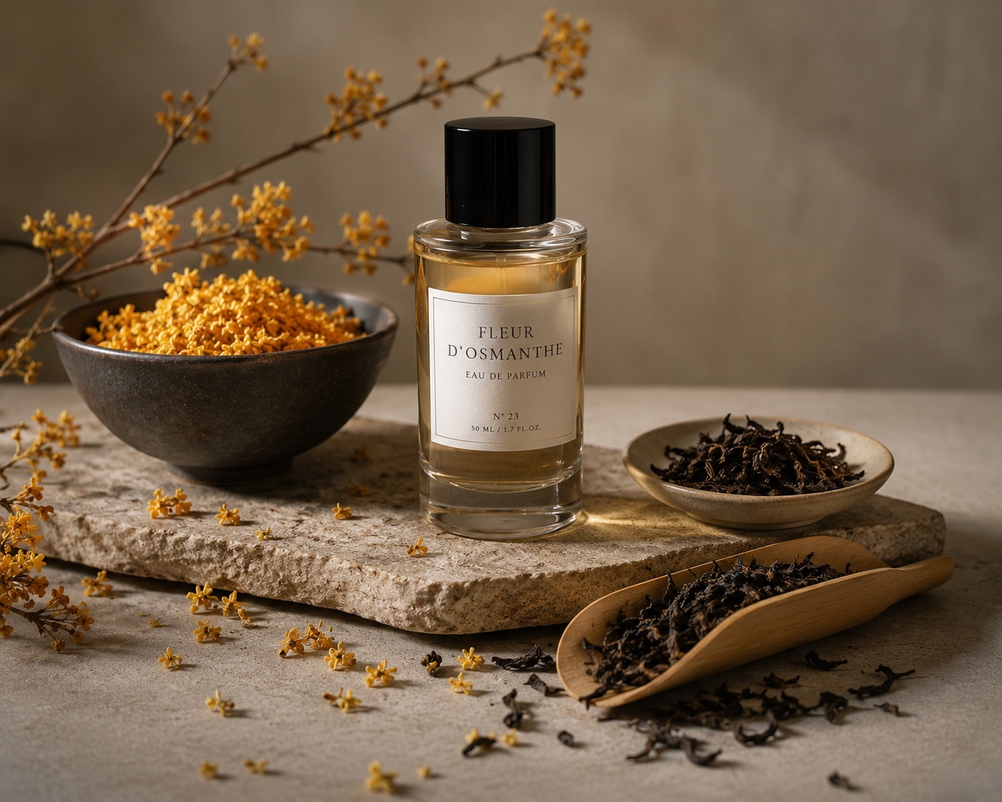 An artistic display of traditional Chinese ingredients like osmanthus and tea, used in modern niche perfumes.