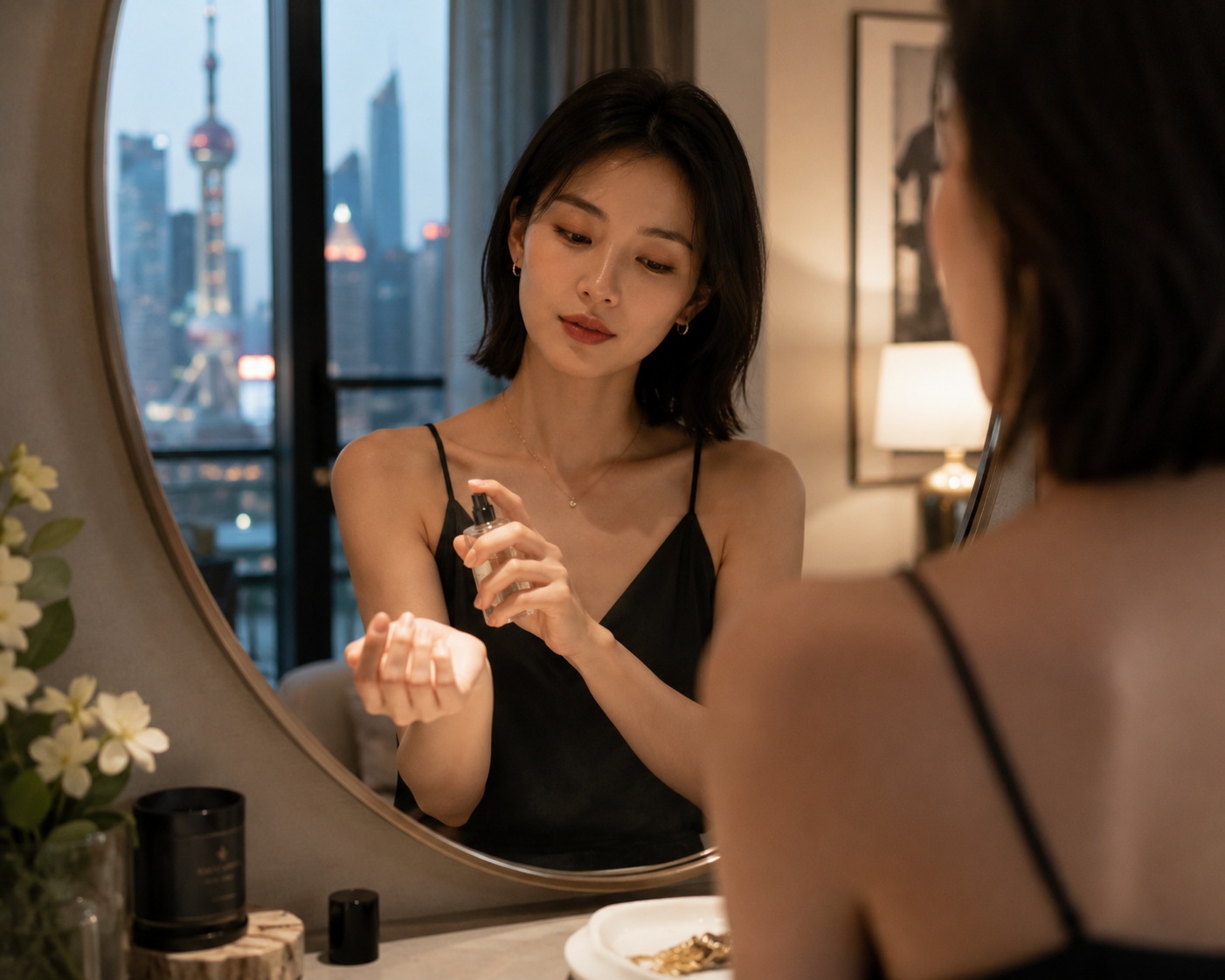 A young woman applying niche perfume in a private moment, reflecting the personal and introspective nature of fragrance consumption.