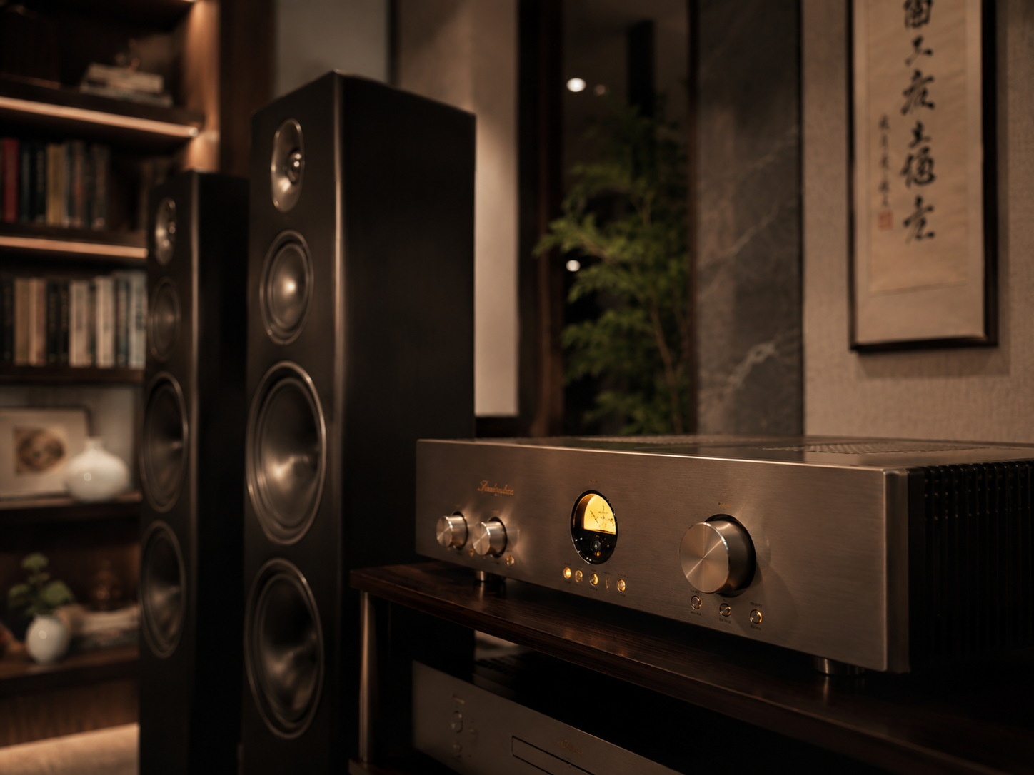 Close-up of a high-end audio amplifier and floor-standing speakers in a modern Chinese apartment.