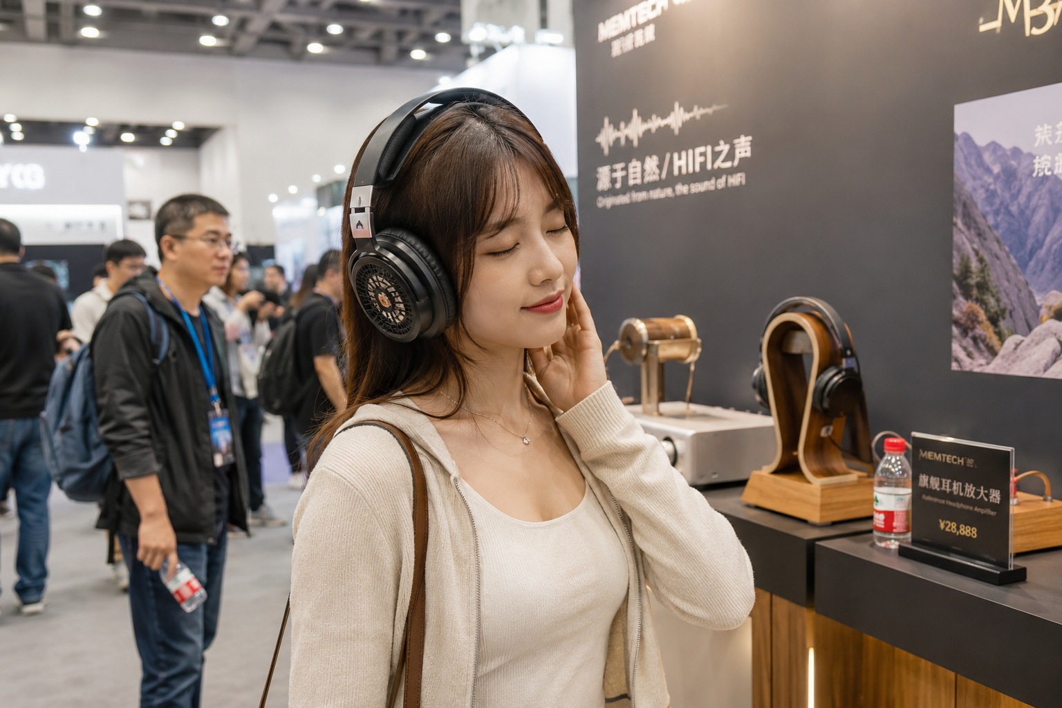 A young woman listening to music on high-end headphones at an audio exhibition in China.