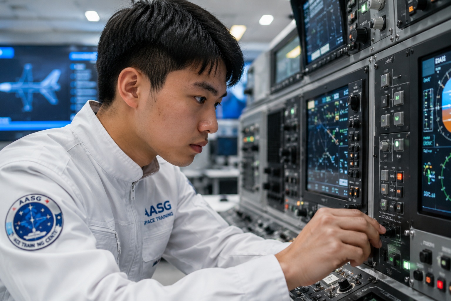 Chinese student in simulation gear interacting with control panels in a space training facility