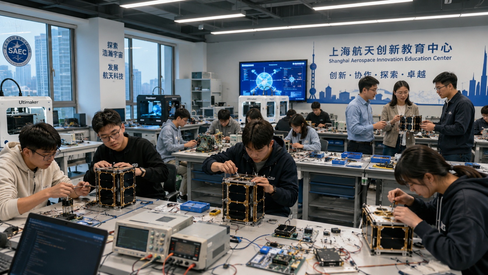 High school students building satellite models in a modern Chinese STEM laboratory