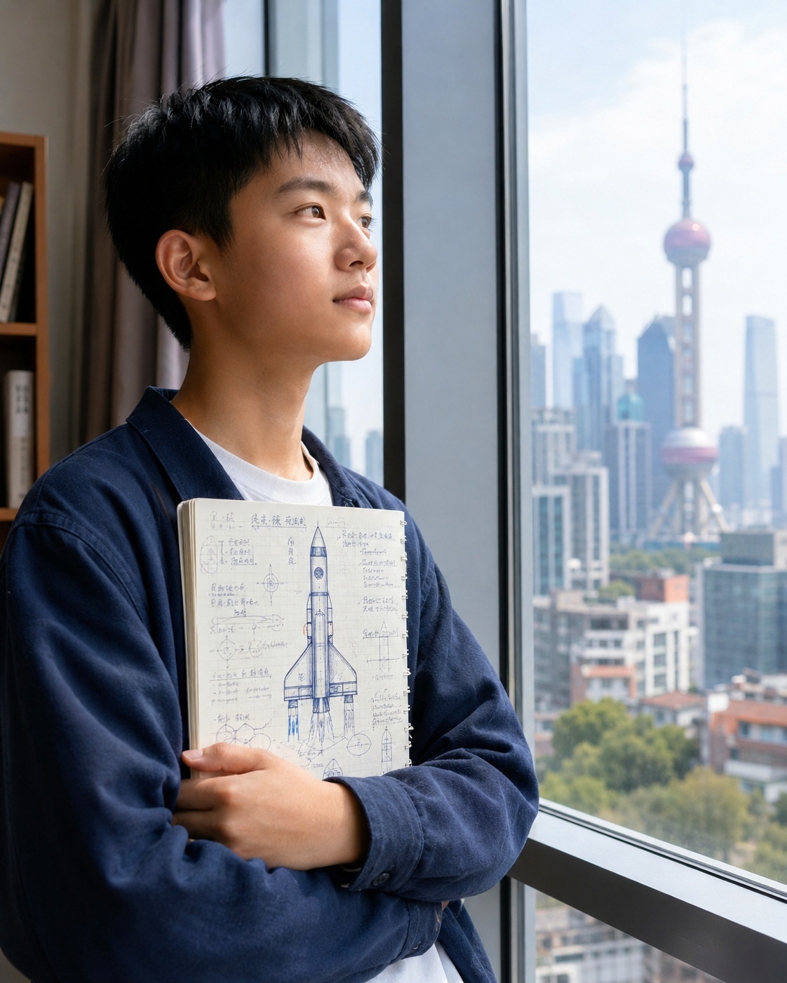 Teenage student contemplating future career in aerospace against a city backdrop