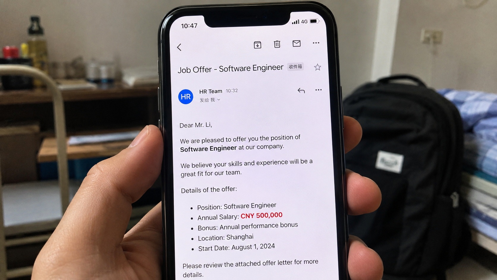 A young Chinese student looking at a high-salary job offer on his phone before deciding to volunteer in a rural village.
