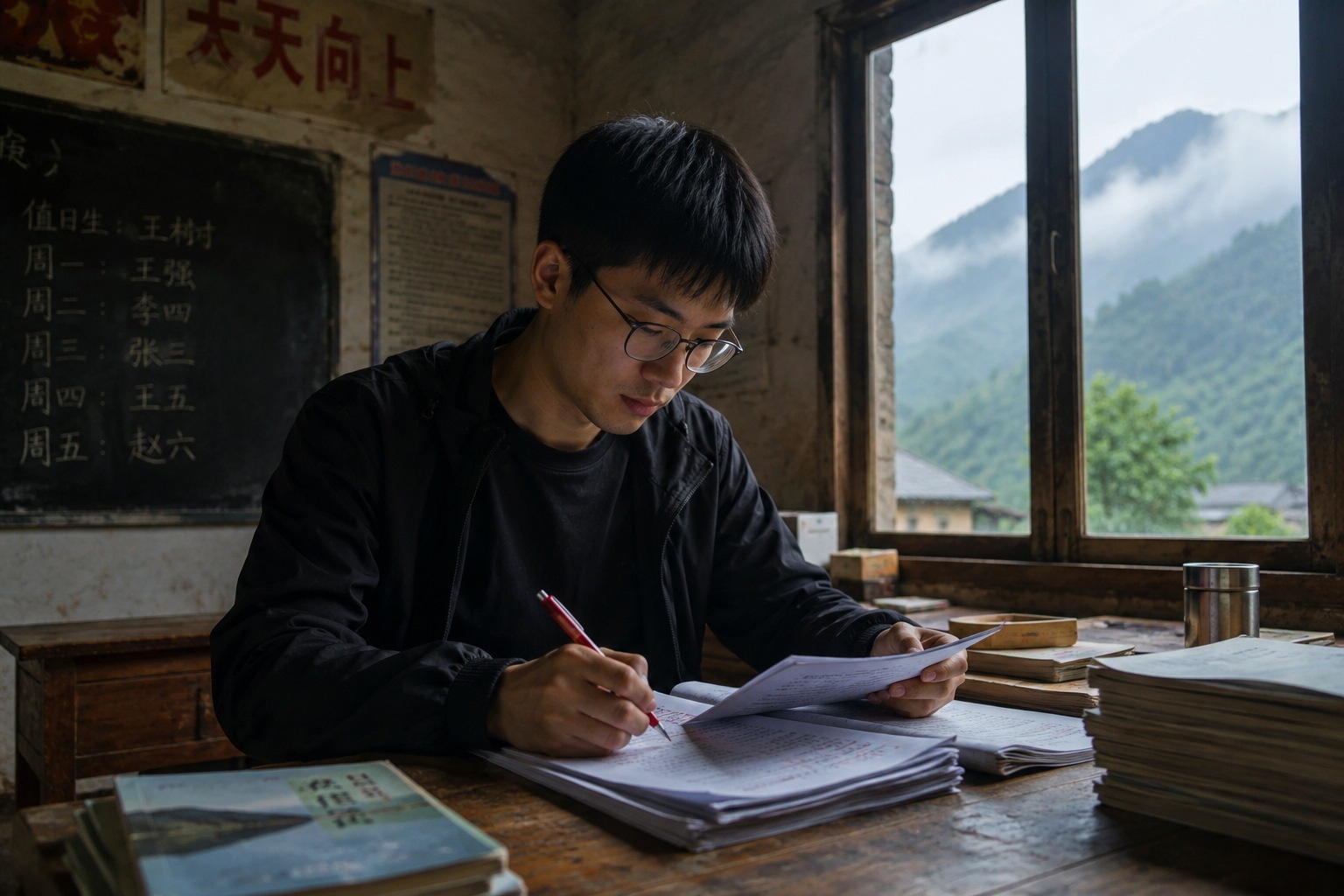 A young volunteer teacher grading papers in a rural Chinese village classroom with mountain views.