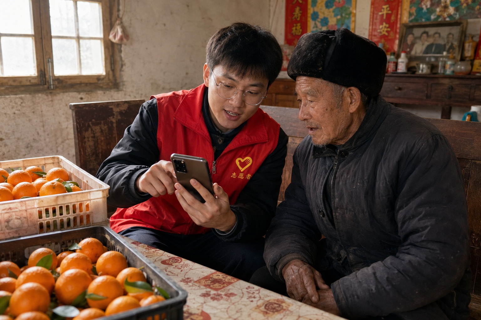 A young volunteer teaching an elderly farmer how to use a smartphone for e-commerce live-streaming.