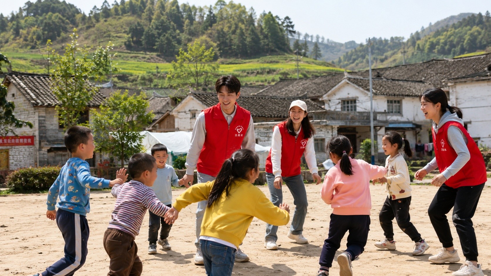 Young volunteers and local children playing together in a rural Chinese village courtyard.
