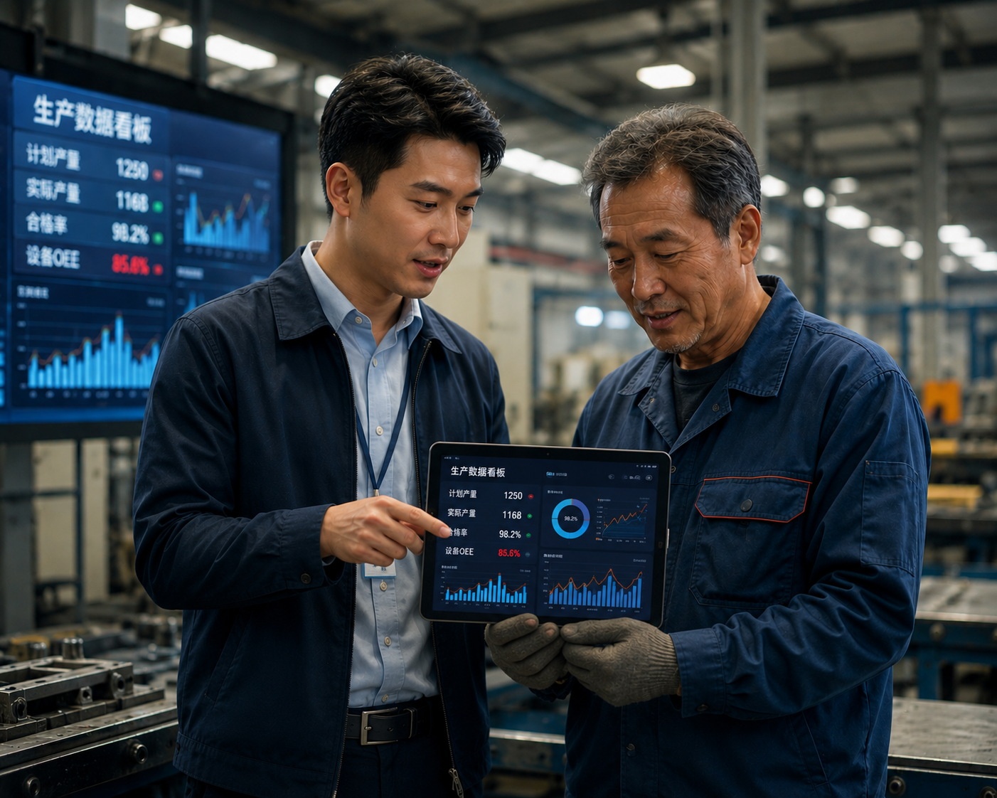 Young Chinese business successor explaining digital data to an older factory worker, illustrating the generational shift in management.