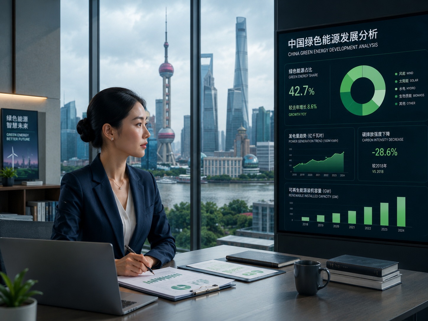 Female business successor in Shanghai analyzing sustainable supply chain strategies, representing the new generation's focus on ESG.