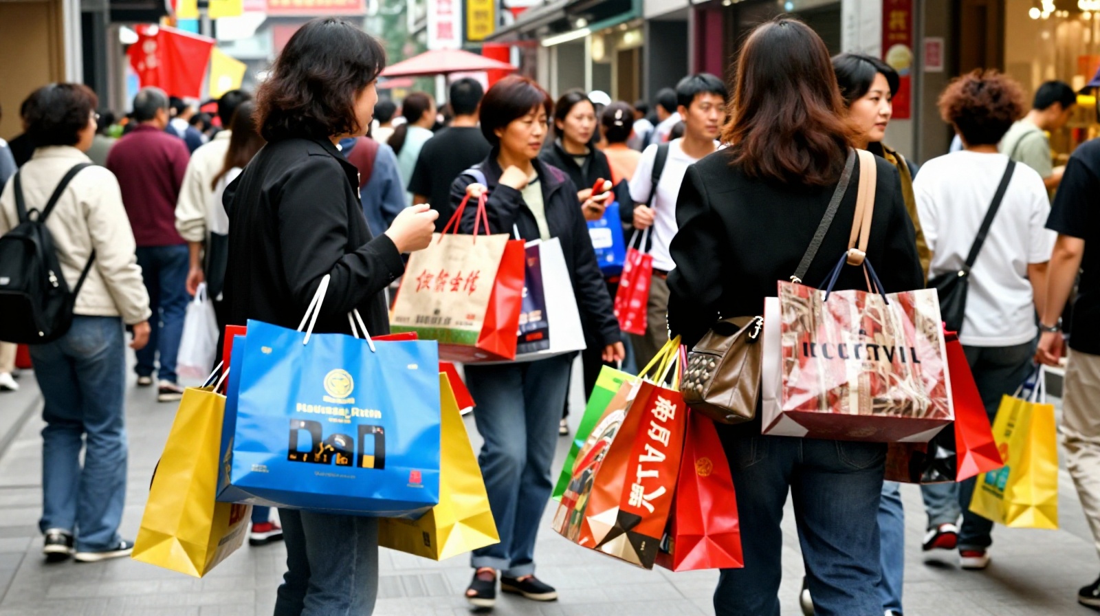 Crowded shopping street in early 2000s China with people carrying large luxury brand bags, illustrating the era of conspicuous consumption.