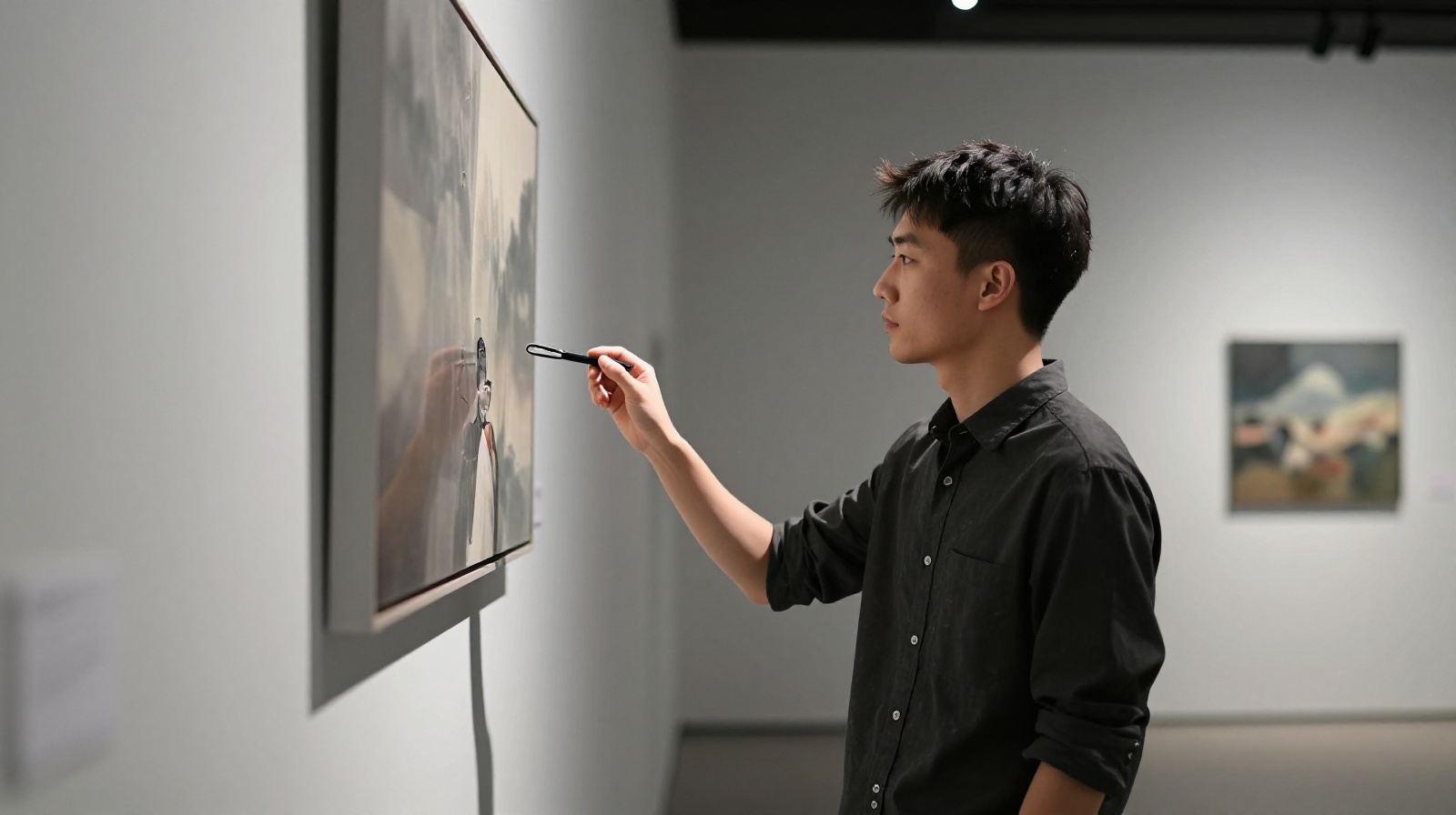 A young Chinese collector examining contemporary art in a modern gallery, reflecting the cultural shift in wealth.
