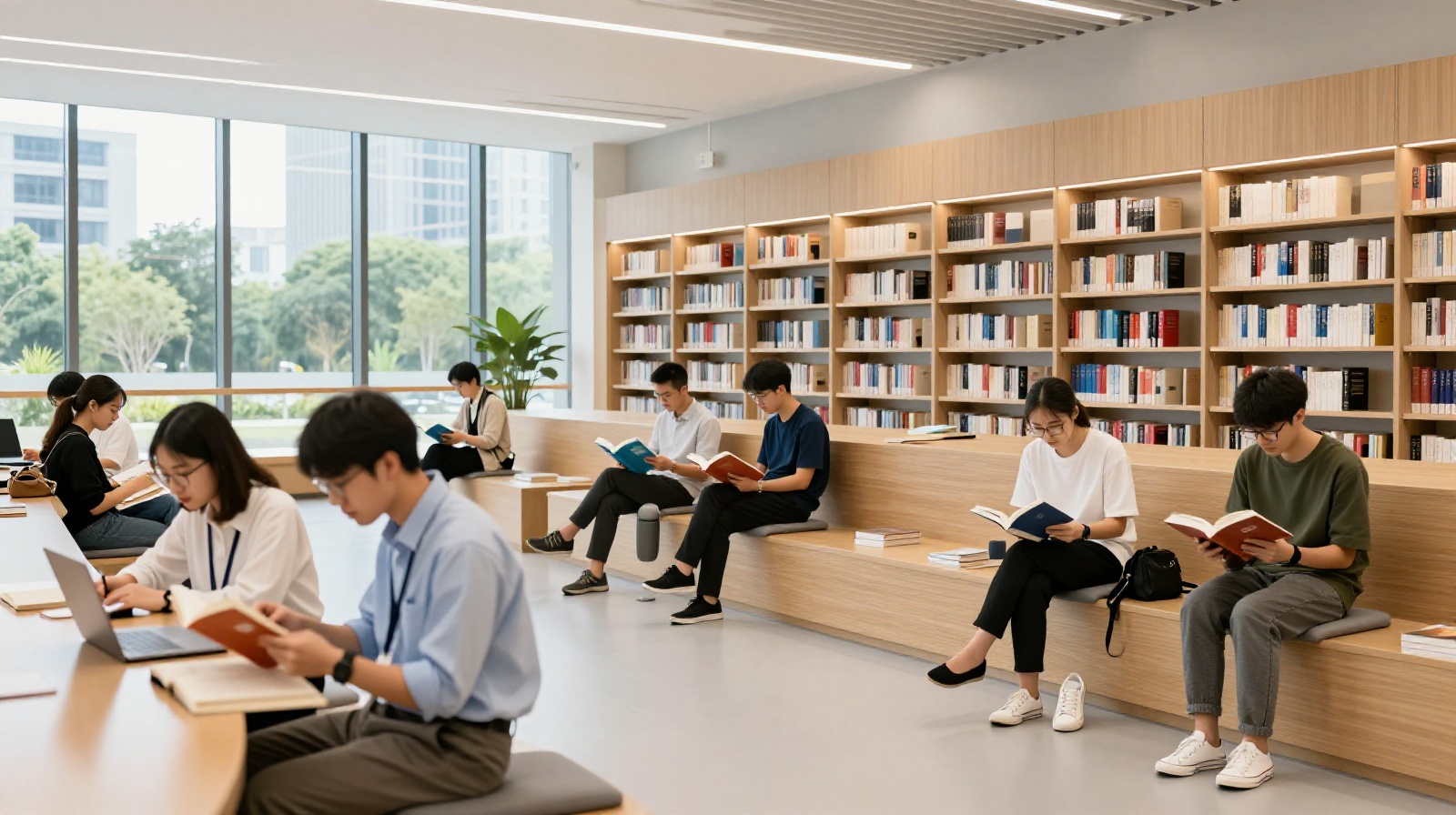 Modern public library in a Chinese city with young professionals engaging in intellectual activities, showing the shift towards cultural consumption.