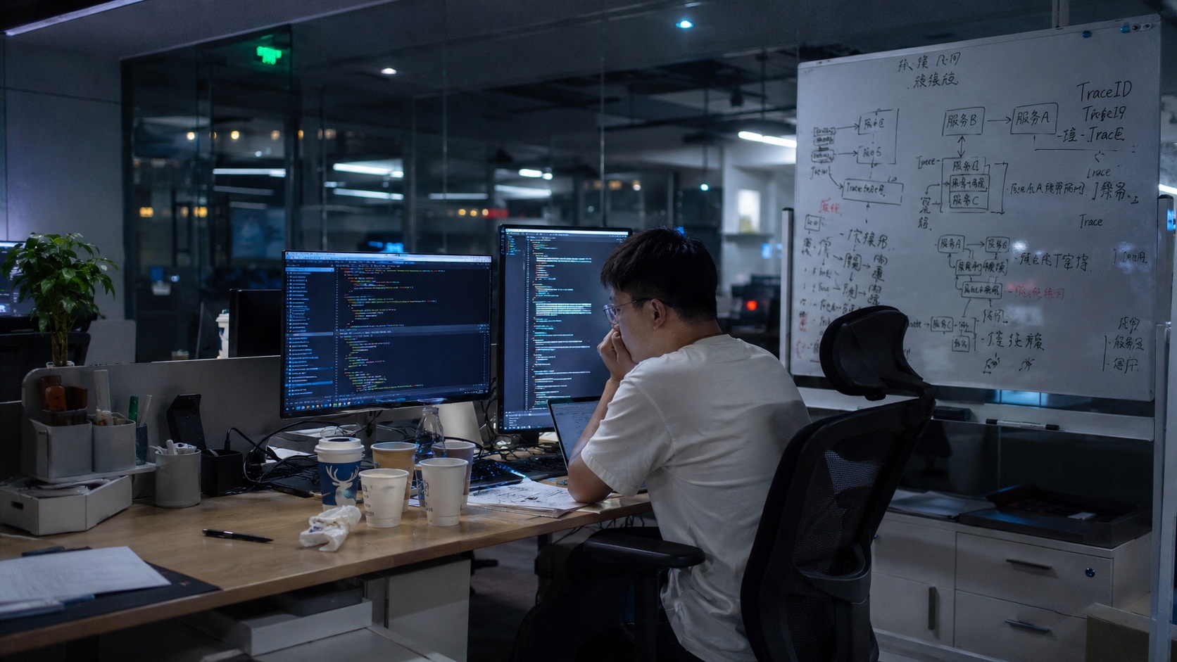 A young AI engineer working late at night in a Zhongguancun startup office, surrounded by code on screens and coffee cups.