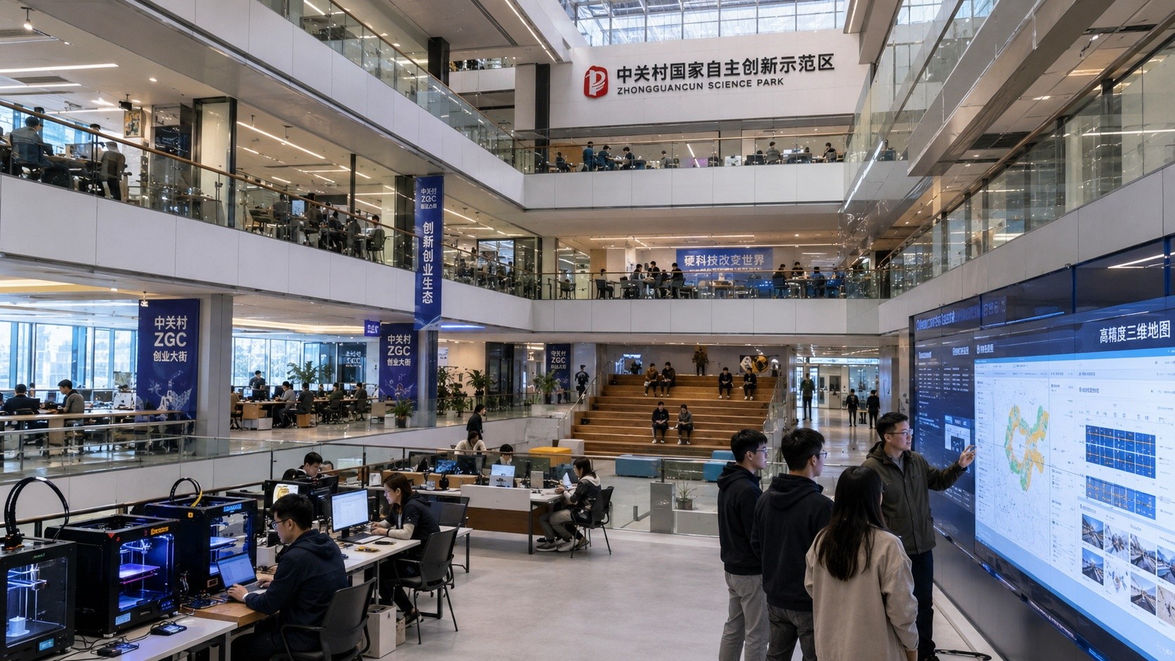 The vertical layout of a Beijing tech innovation center showing different teams working on hardware and software across multiple floors.