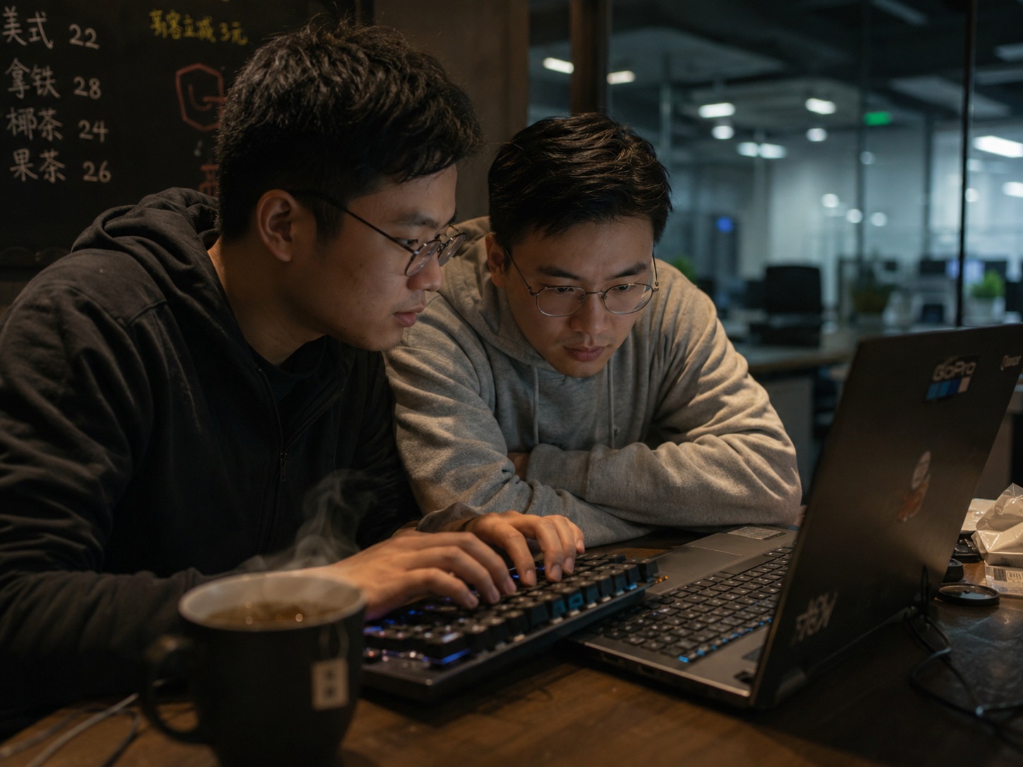 Two junior engineers debugging code late at night in a Beijing tech office café, highlighting the high-pressure environment.