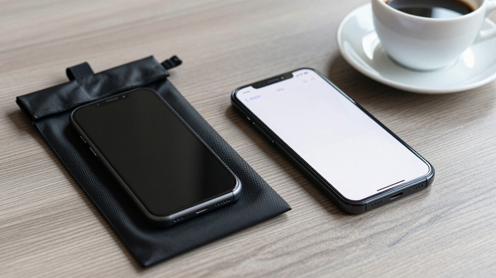Two smartphones on a desk, one in a signal-blocking bag, representing digital security practices for executives.