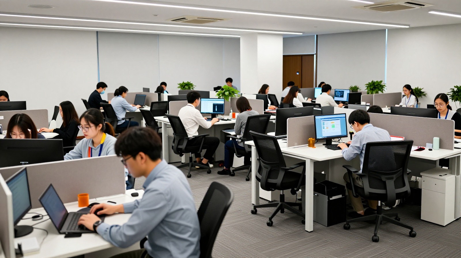 Employees working in a modern Chinese tech office, highlighting the digital workspace environment.