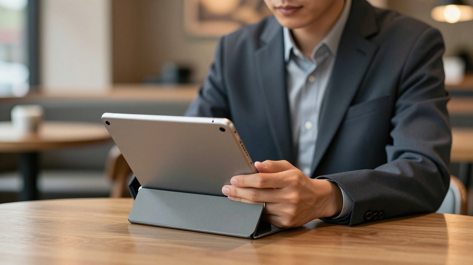 A person using a tablet in a cafe with a privacy screen, illustrating secure public internet usage.
