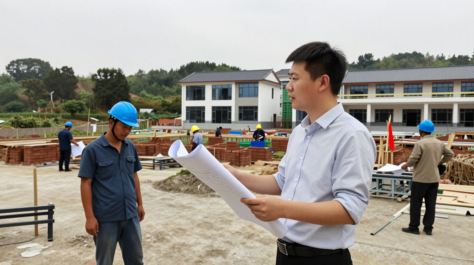 A young entrepreneur inspecting a rural construction site in China, symbolizing hands-on philanthropy.