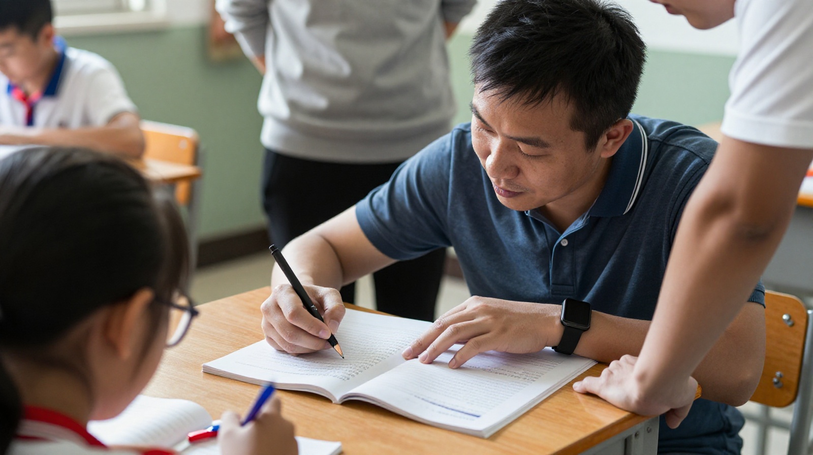 A business leader engaging in education support by reviewing student work in a rural Chinese school.