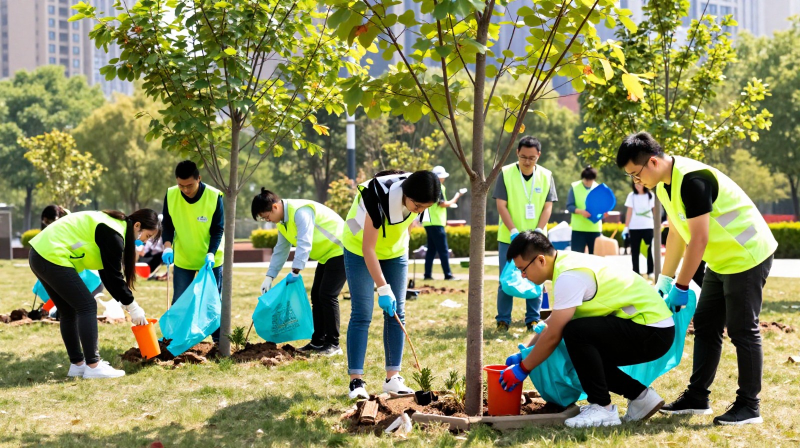 Young Chinese professionals volunteering in an urban community park, reflecting the rise of micro-philanthropy.