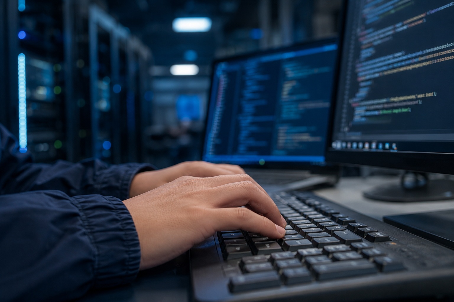 Close-up of a Chinese tech worker coding in a modern office, representing the new elite's focus on innovation and efficiency.