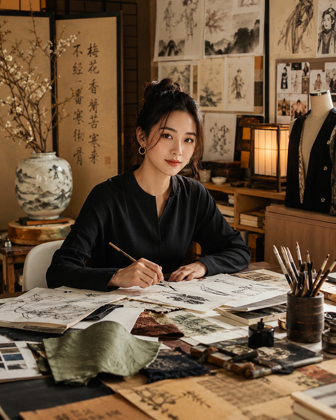 A young Chinese creative professional in a studio, illustrating the blend of global perspective and local cultural identity.
