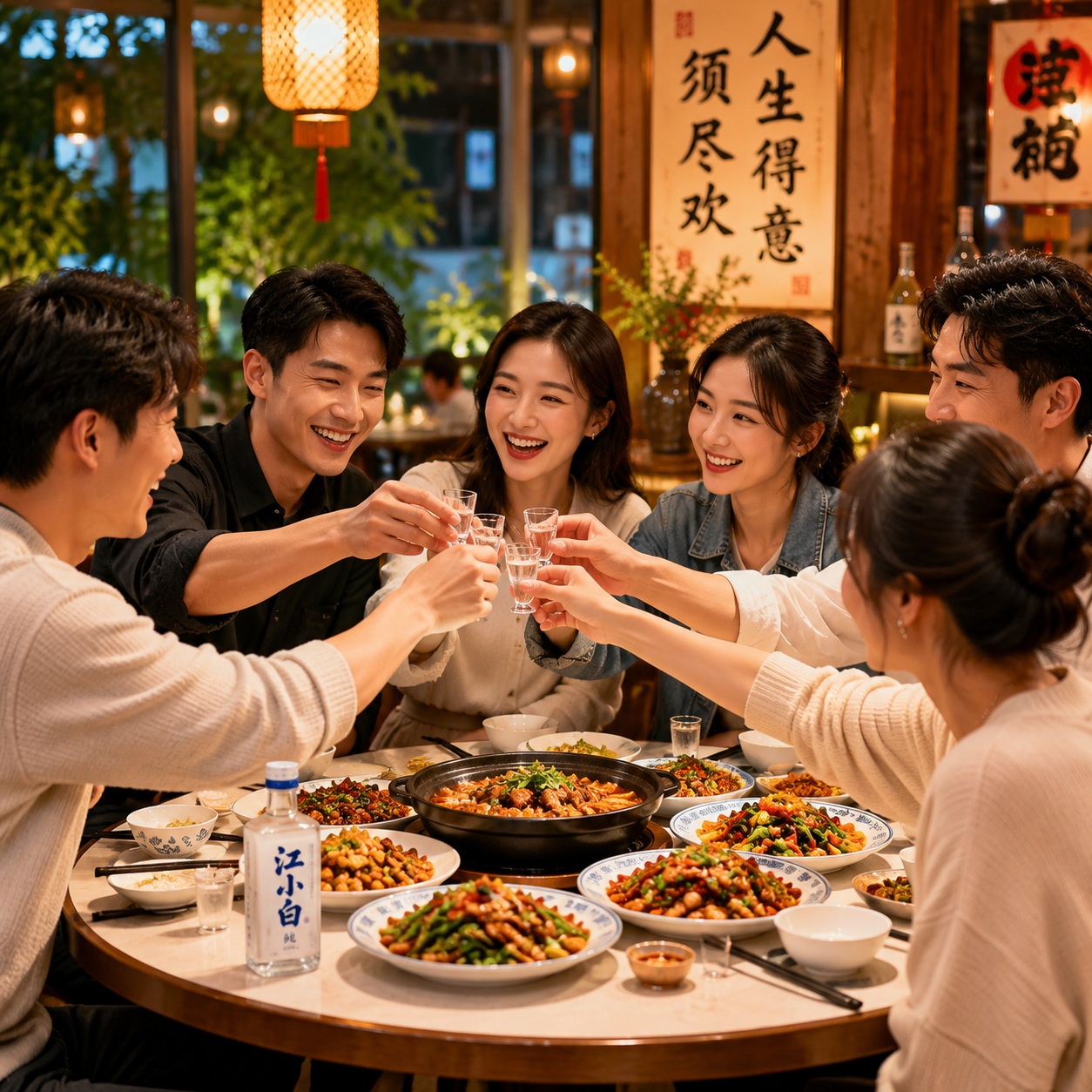 Chinese friends clinking small glasses of baijiu at a round table with food, laughing and toasting Ganbei