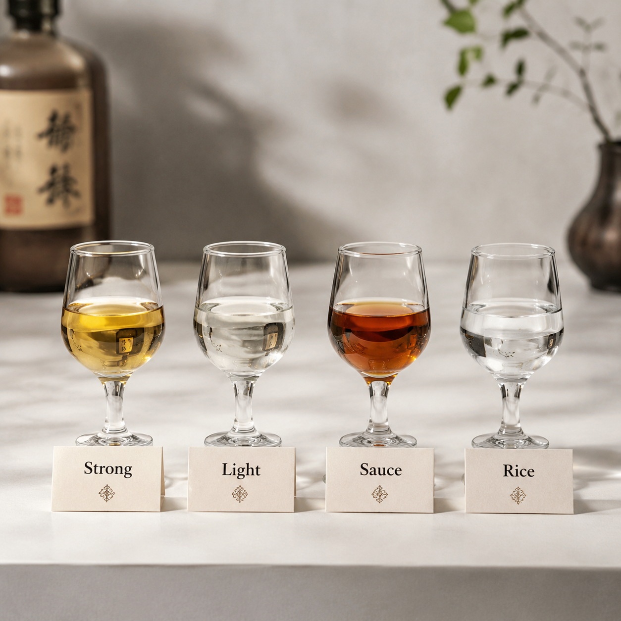 Four glasses of baijiu representing the four main styles: Strong Aroma, Light Aroma, Sauce Aroma, Rice Aroma
