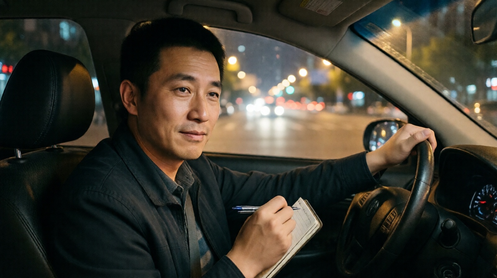 A Chengdu taxi driver writing a poem in his notebook during a late shift, with glowing streetlights outside the car window