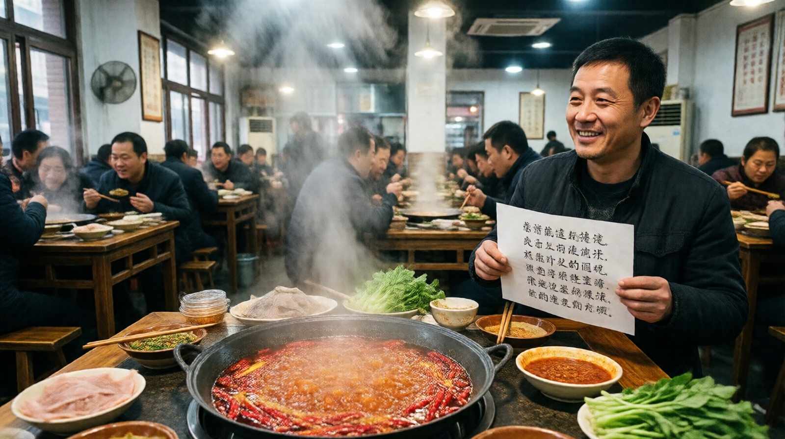 Chongqing hotpot restaurant owner holding his handwritten dialect poem while customers dine in the background